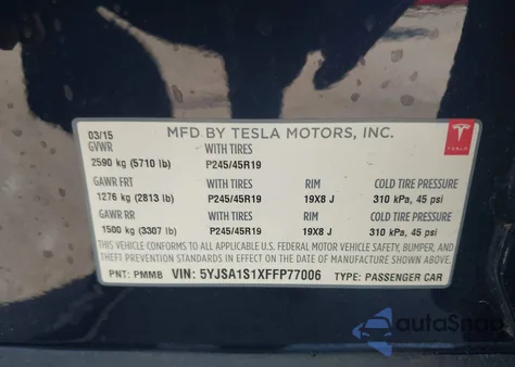 2015 Tesla Model S 60/70/85 z USA, uszkodzony, nr VIN 5YJSA1S1XFFP77006